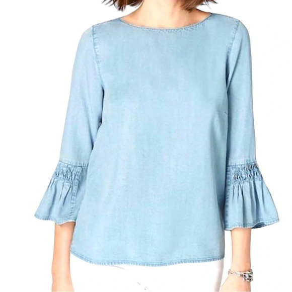 J Jill Denim Chambray Tiered Bell Ruffle Sleeve Boho Popover Blouse - Picture 1 of 10
